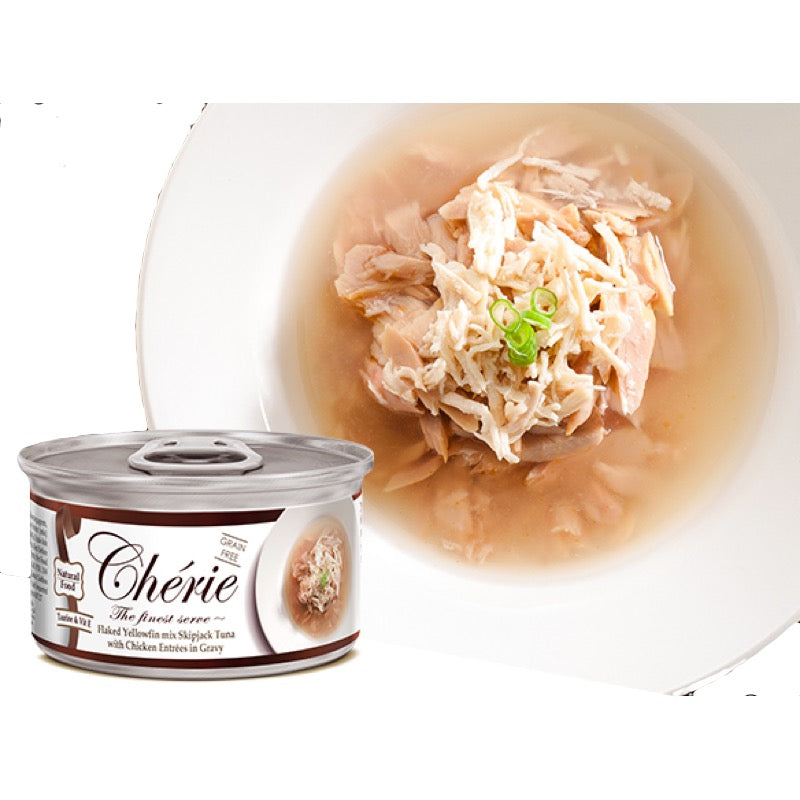 Cherie Flaked Yellowfin Mix Skipjack Tuna With Chicken Entr??es In Gravy Canned Cat Food 80g
