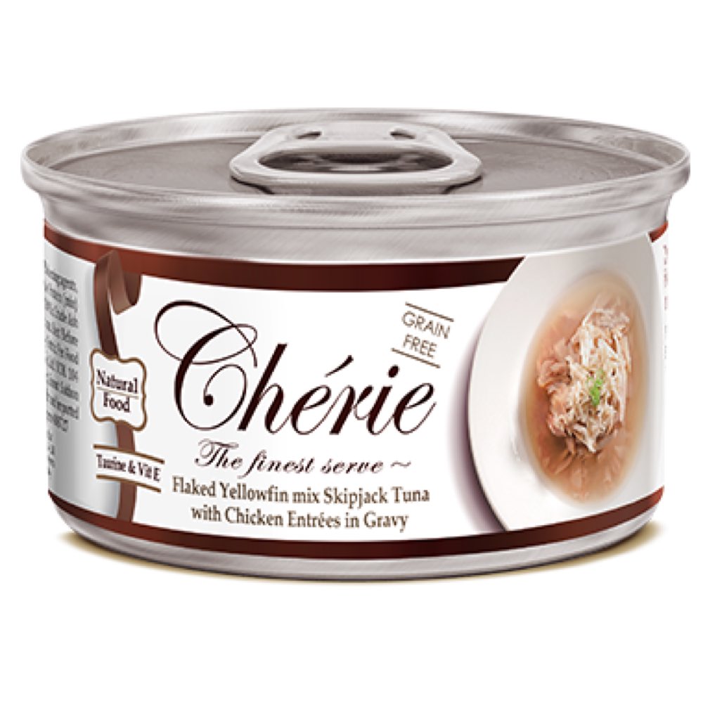 Cherie Flaked Yellowfin Mix Skipjack Tuna With Chicken Entr??es In Gravy Canned Cat Food 80g