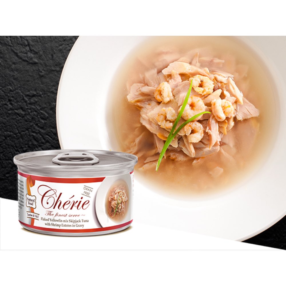 Cherie Flaked Yellowfin Mix Skipjack Tuna With Shrimp Entr??es In Gravy Canned Cat Food 80g