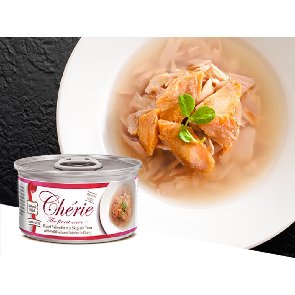 Cherie Flaked Yellowfin Mix Skipjack Tuna With Wild Salmon Entr??es In Gravy Canned Cat Food 80g
