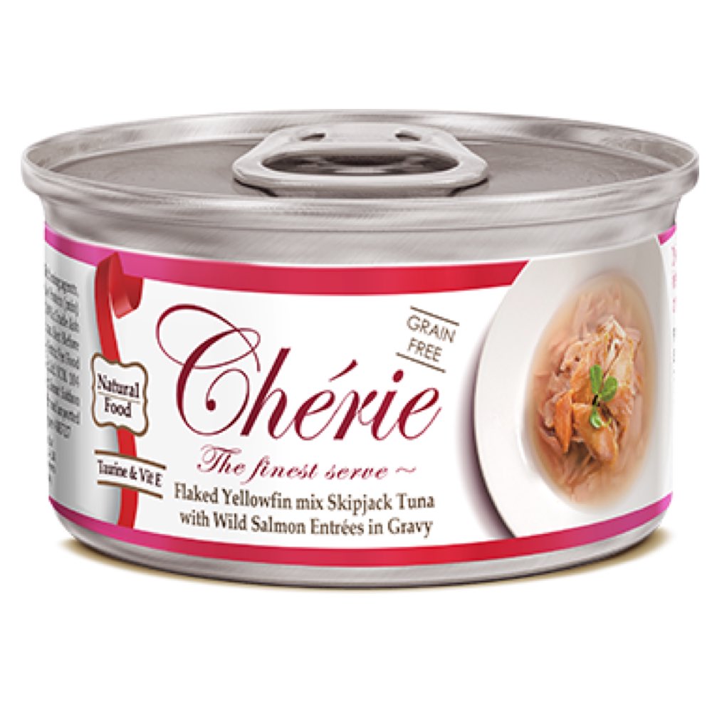 Cherie Flaked Yellowfin Mix Skipjack Tuna With Wild Salmon Entr??es In Gravy Canned Cat Food 80g